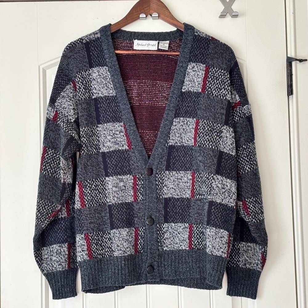 Michael Gerald Plaid Cardigan Sweater‎ Mens M Grandpa Core Cozy Vintage Knit